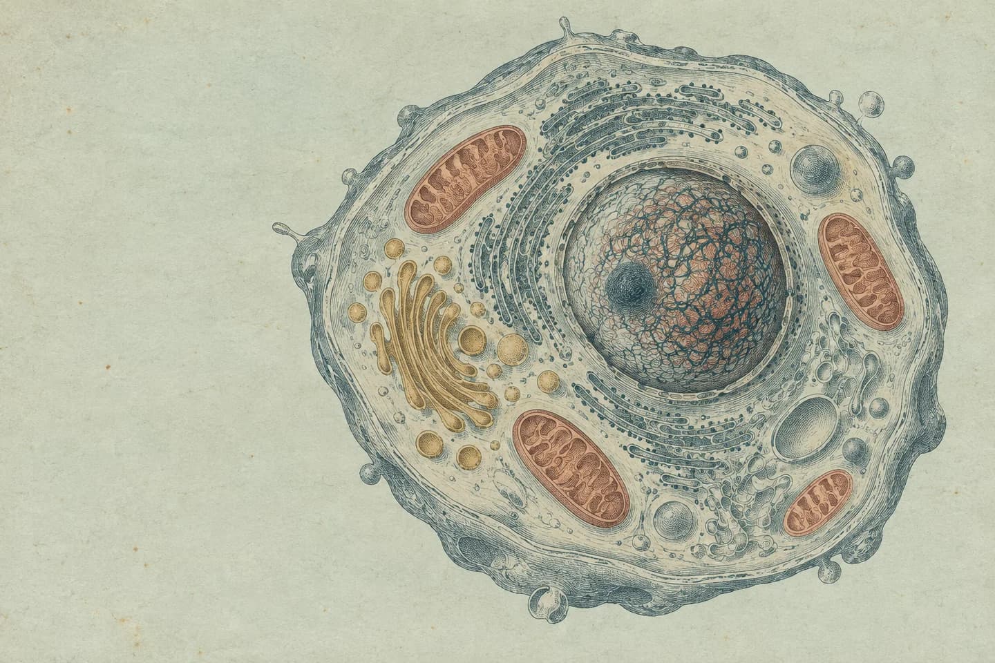A hand-coloured engraving of a cell, its nucleus and organelles.