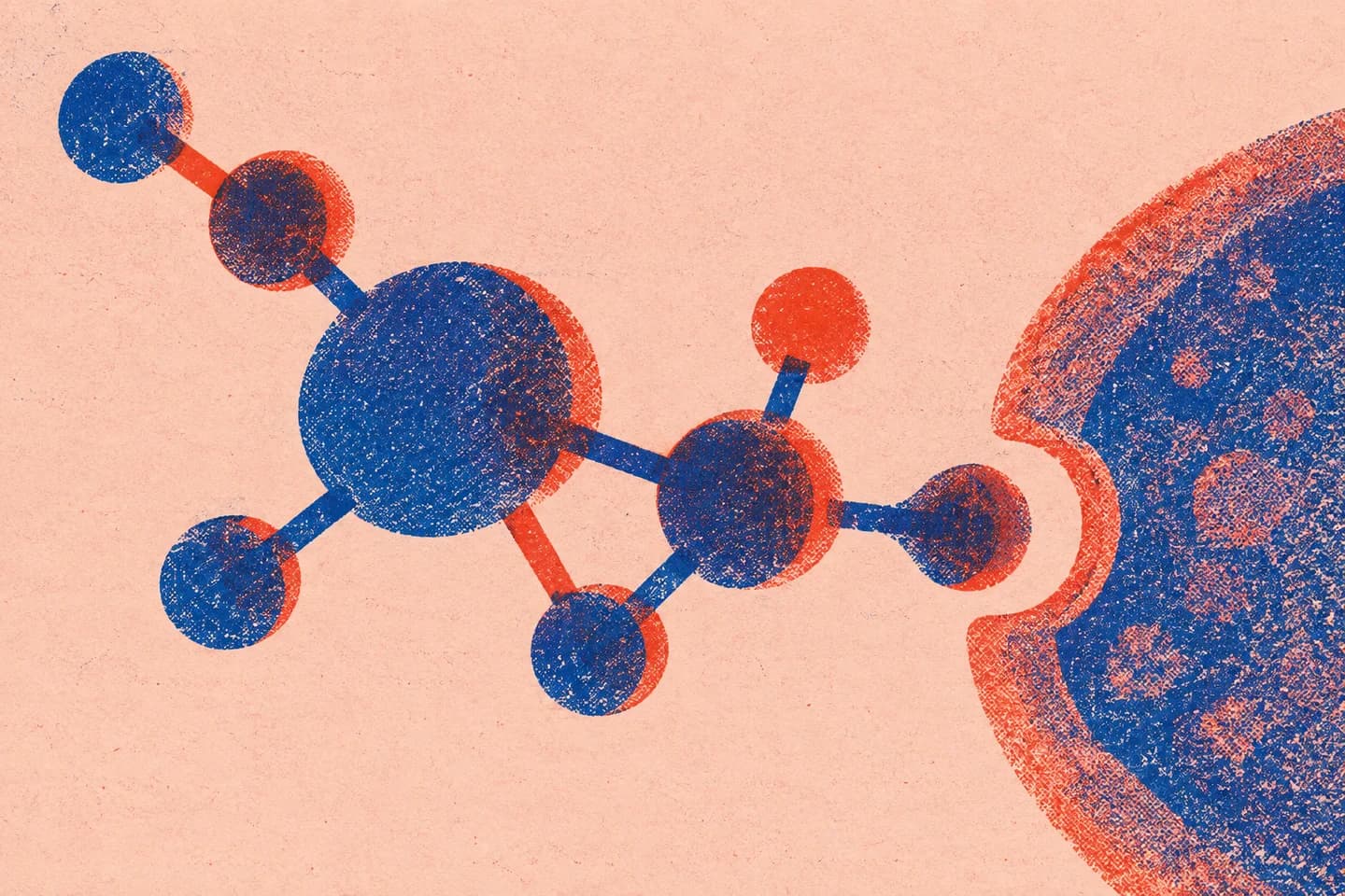 A two-colour risograph of a molecular form approaching a target.