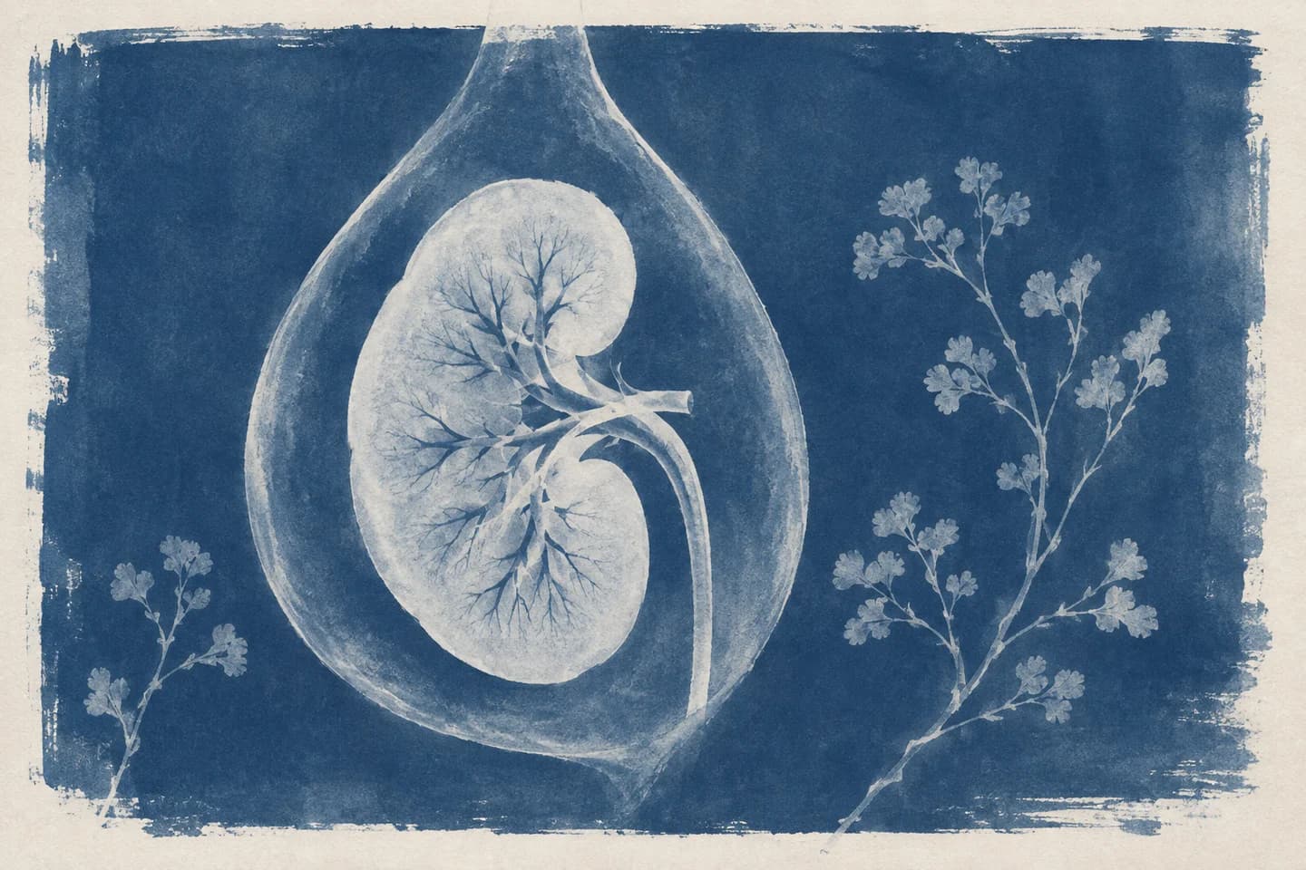 A blue cyanotype of a kidney inside a protective droplet.