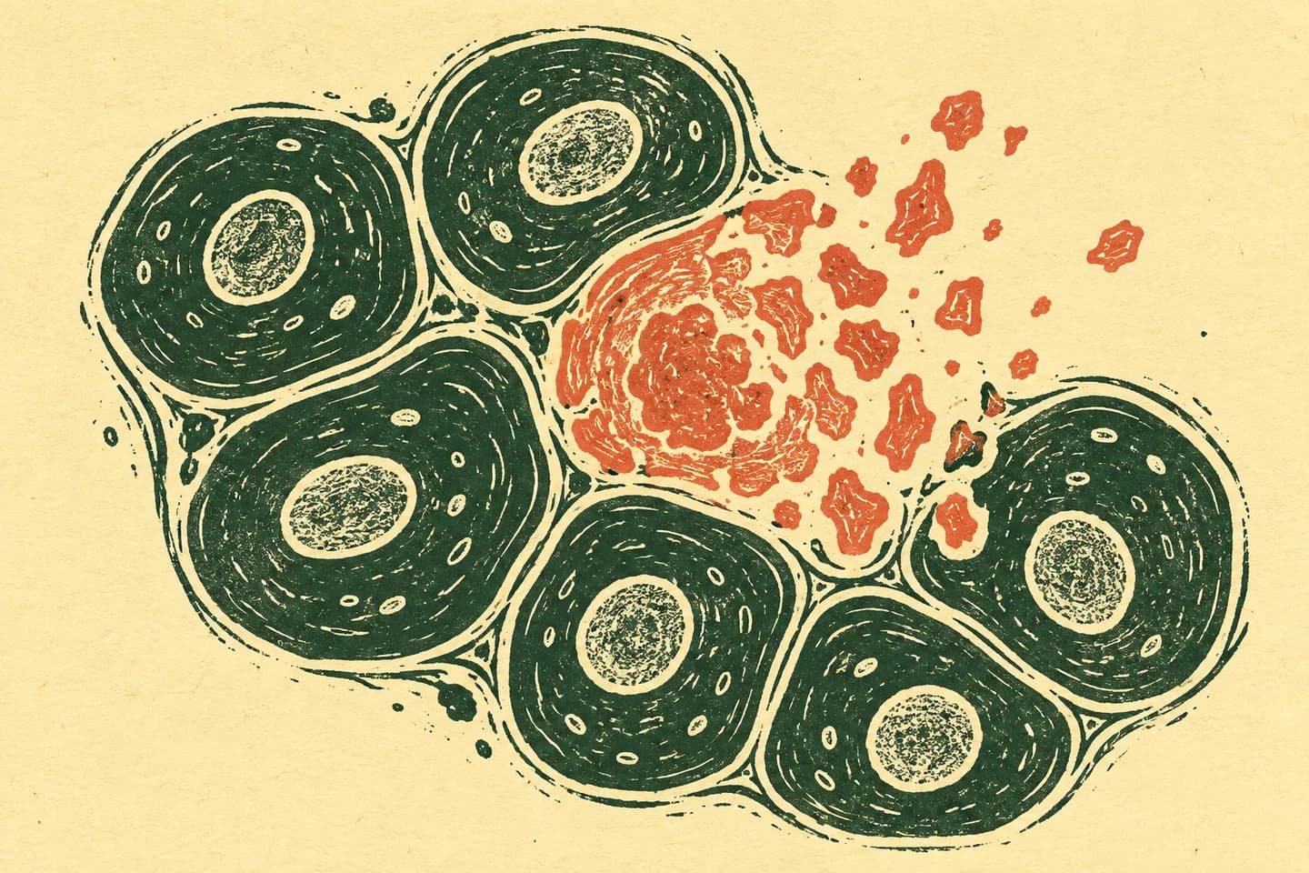 A linocut of tissue cells surrounding a damaged cell that breaks apart.